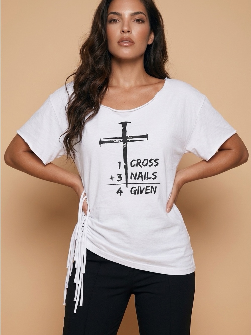 Distressed and one side tie spiritual White Graphic Cross Fringe Tee size L/Xl